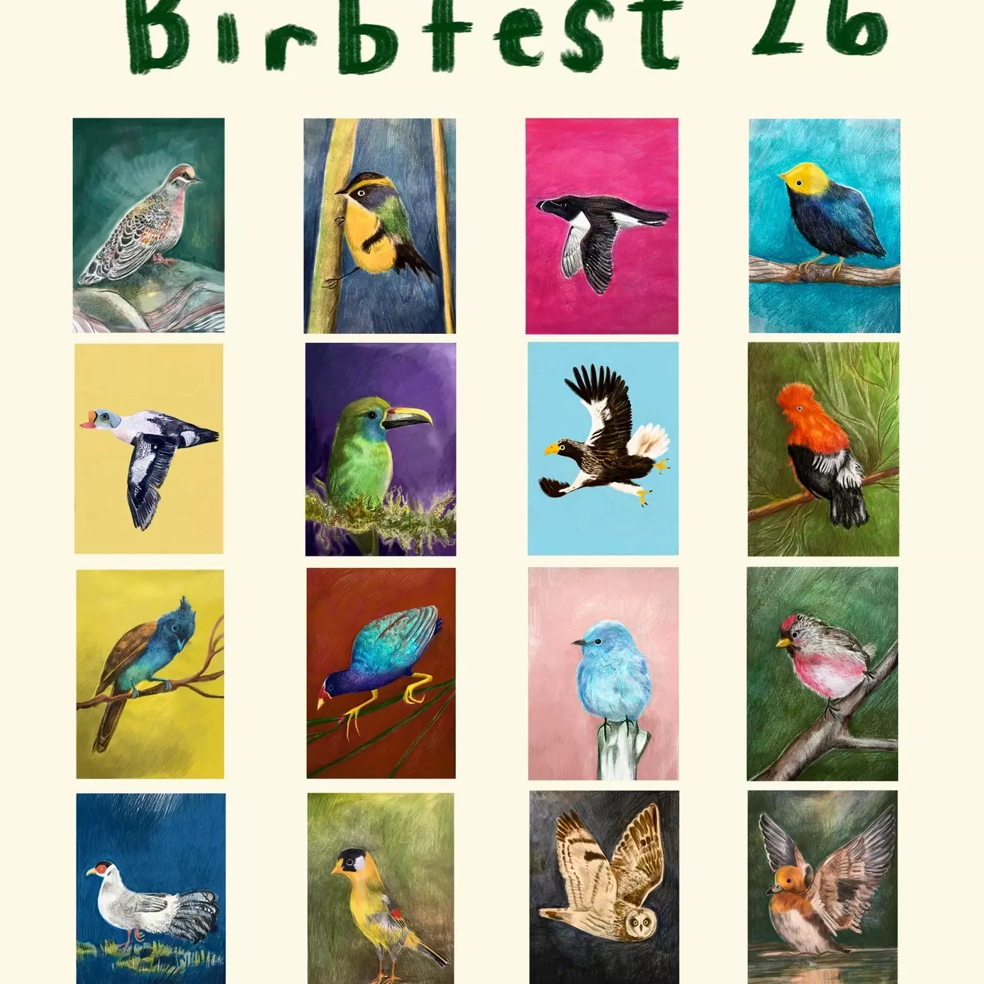 a collection of bird illustrations for Birbfest 2026 